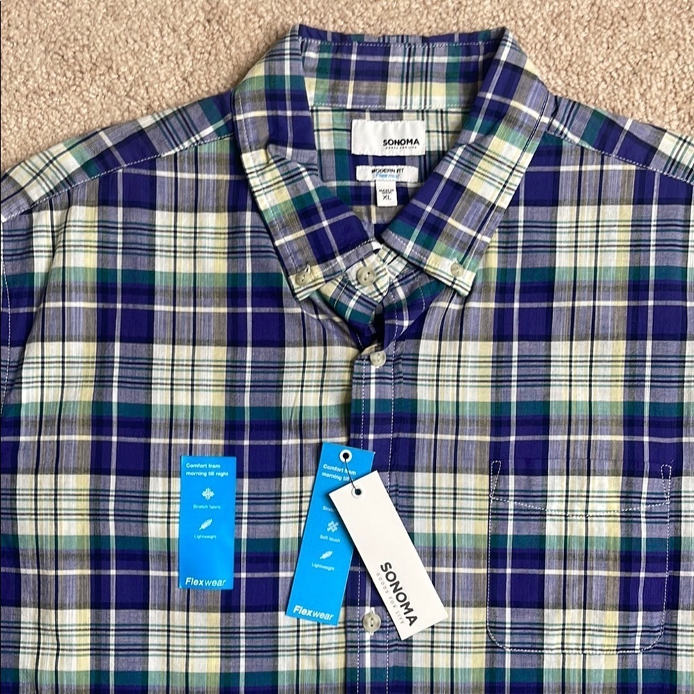 NWT Sonoma Blue and Green Casual Button Down Shirt - Picture 2 of 5